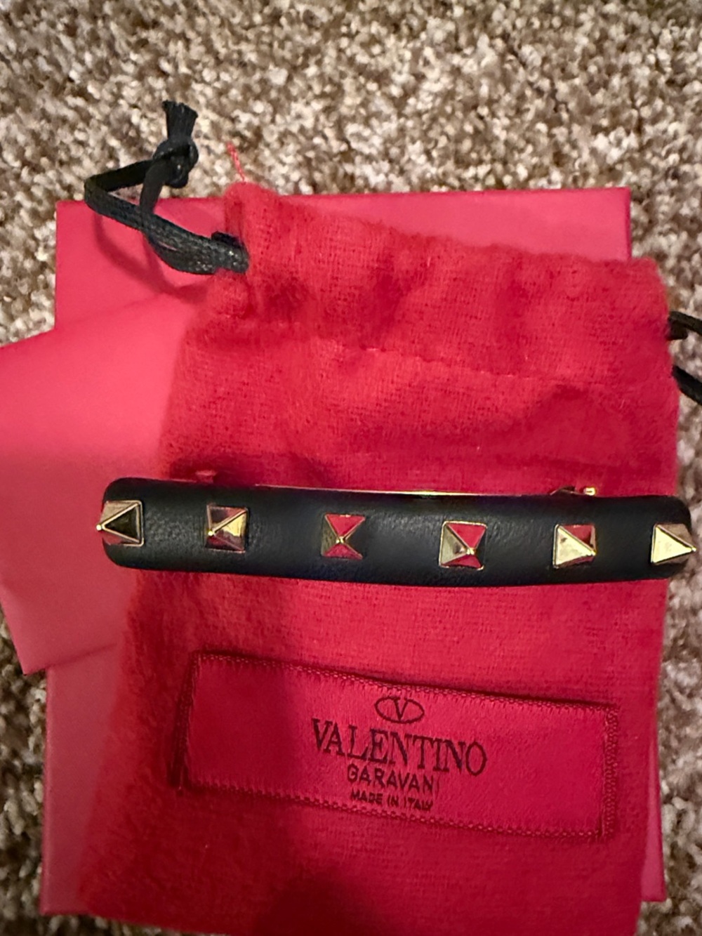 Valentino Garavani Black Leather Rockstud Hair Clip with Gold Studs